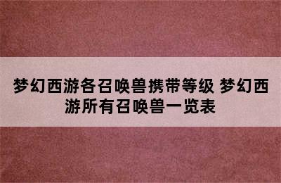 梦幻西游各召唤兽携带等级 梦幻西游所有召唤兽一览表